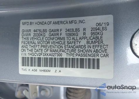 2019 Honda Accord Sport 2.0T from USA, damaged, VIN 1HGCV2F3XKA027300